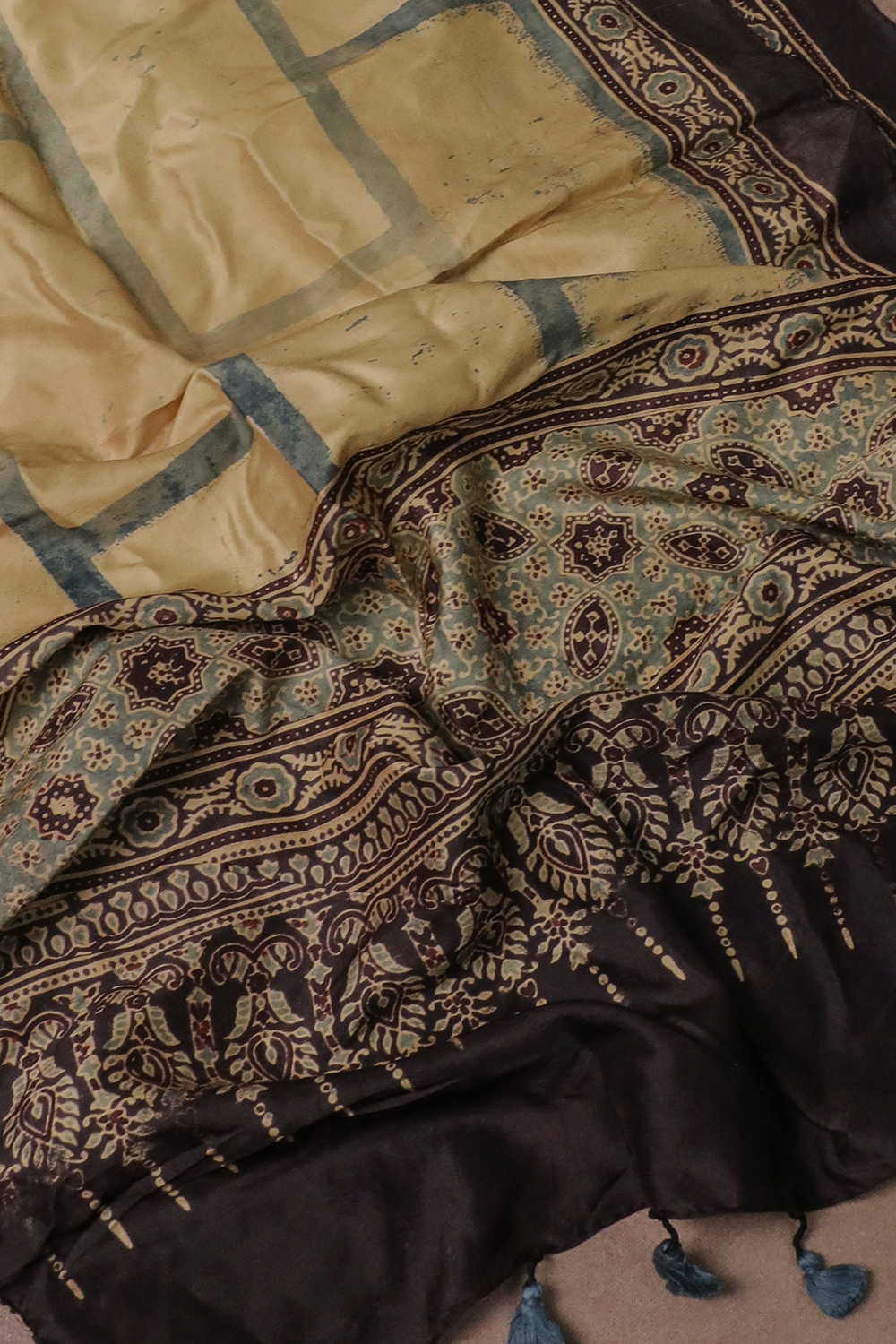 Yellow Ajrak Silk Cotton Stole - Image 3