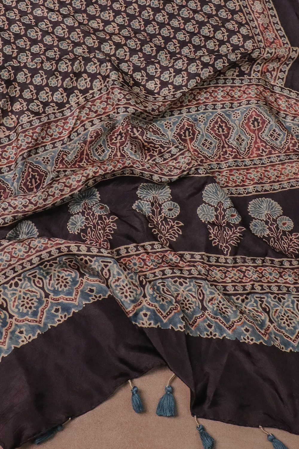Flower Motifs - Black Ajrak Silk Stole - Image 3
