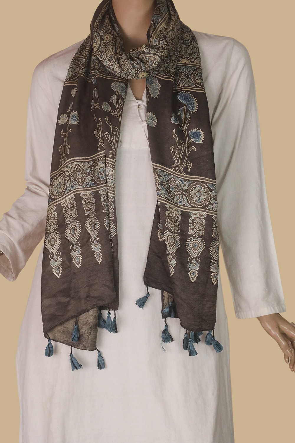 Patterned on Grey Ajrak Gajji Silk Stole