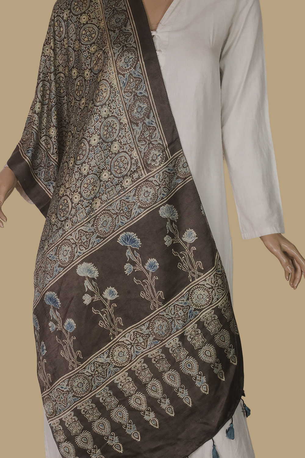Patterned on Grey Ajrak Gajji Silk Stole - Image 2