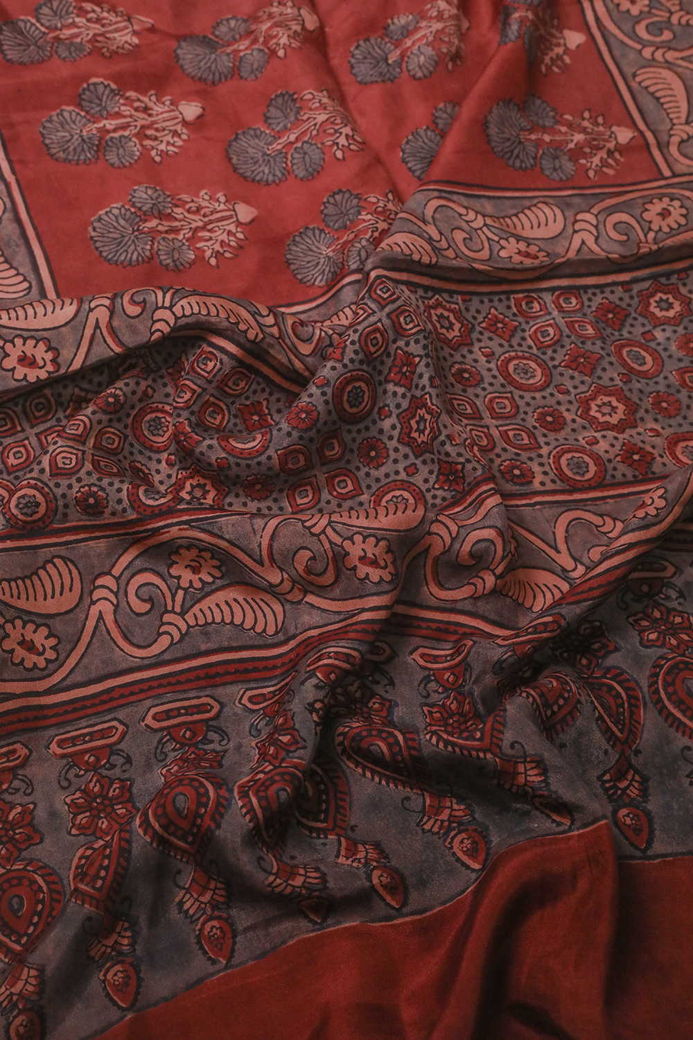 Tri Butta Floral on Maroon Ajrak Gajji Silk Stole - Image 3