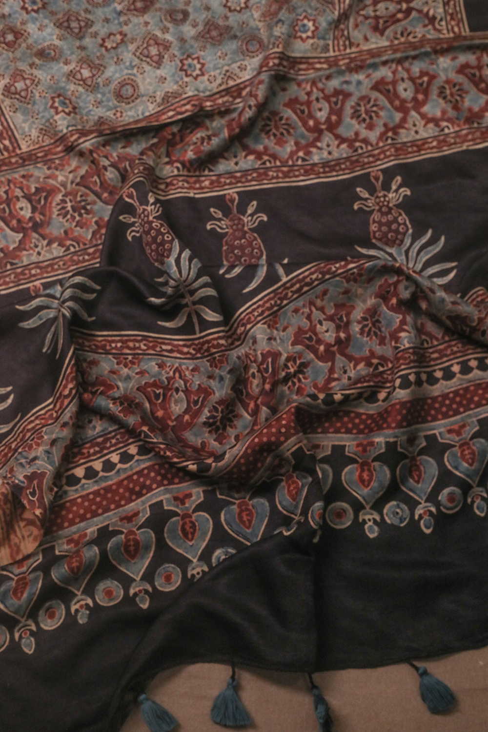 Faded Blue with Motifs Ajrak Gajji Silk Stole - Image 3