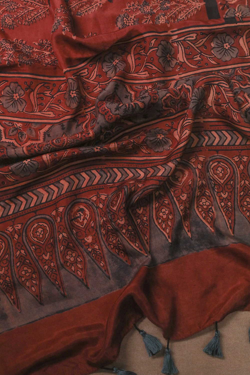 Floral Butta on Maroon Ajrak Gajji Silk Stole - Image 3