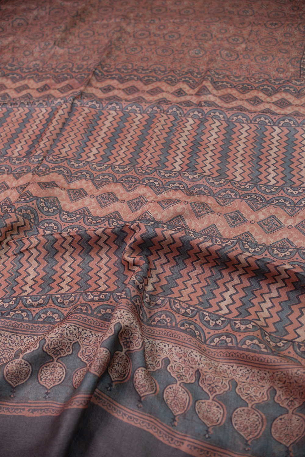 Intricate Design - Pastel Maroon Ajrak Tussar Silk saree - Image 3