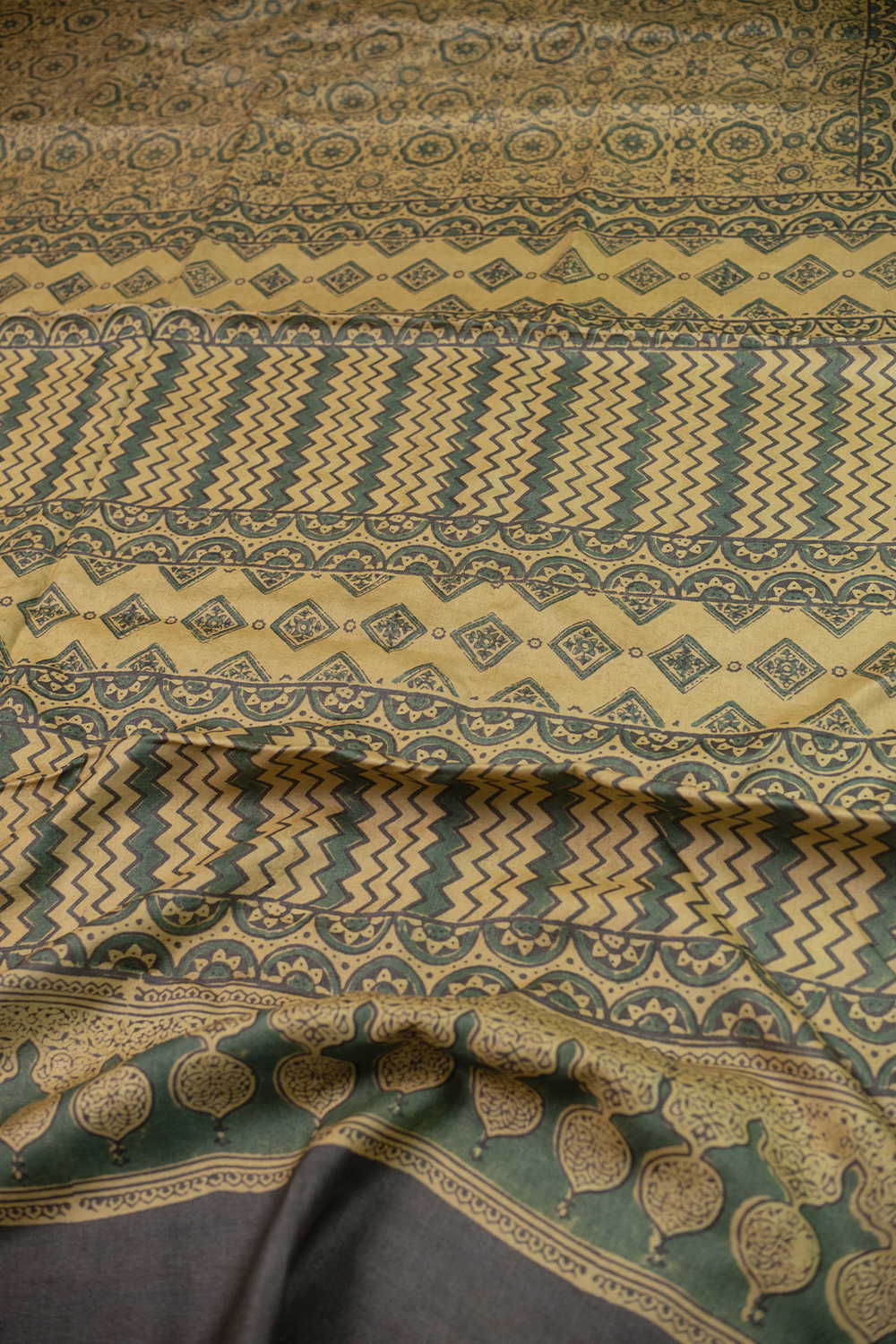Dense Pattern - Lemon Yellow Ajrak Tussar Silk saree - Image 3