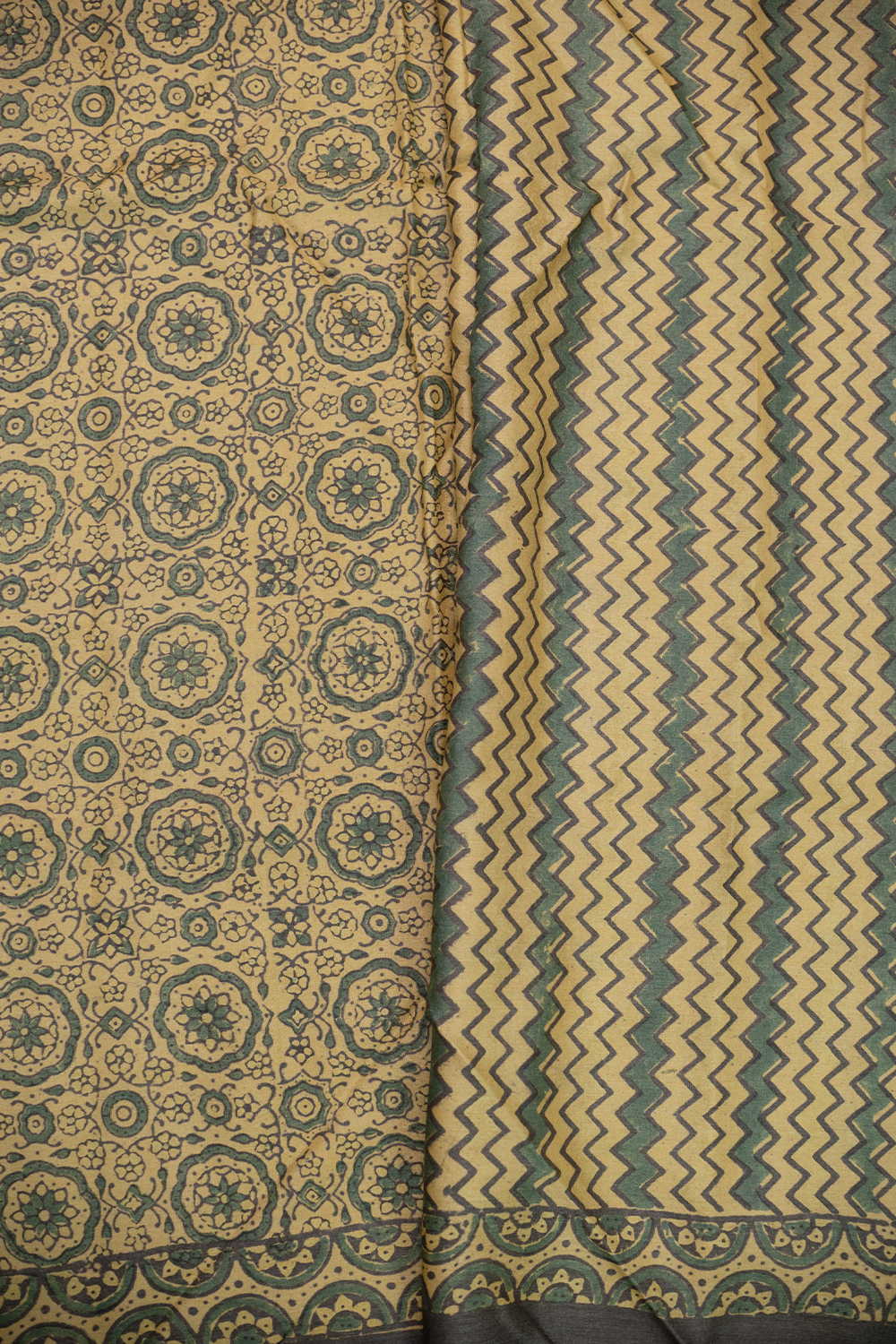 Dense Pattern - Lemon Yellow Ajrak Tussar Silk saree - Image 4