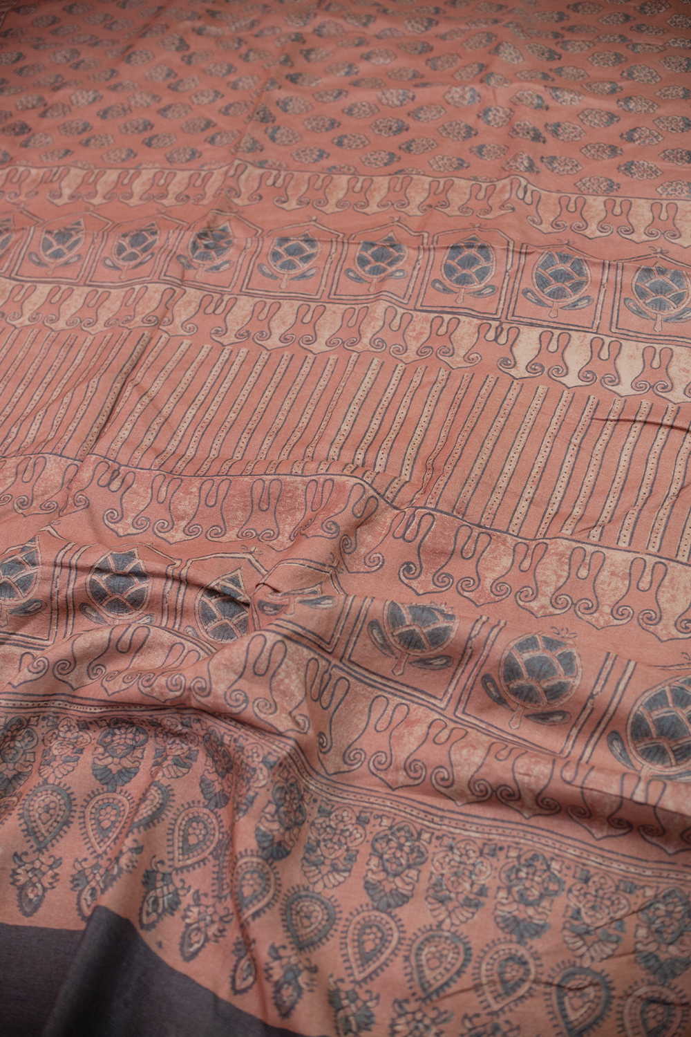 Motifs on Fiery Maroon Ajrak Tussar Silk saree - Image 3