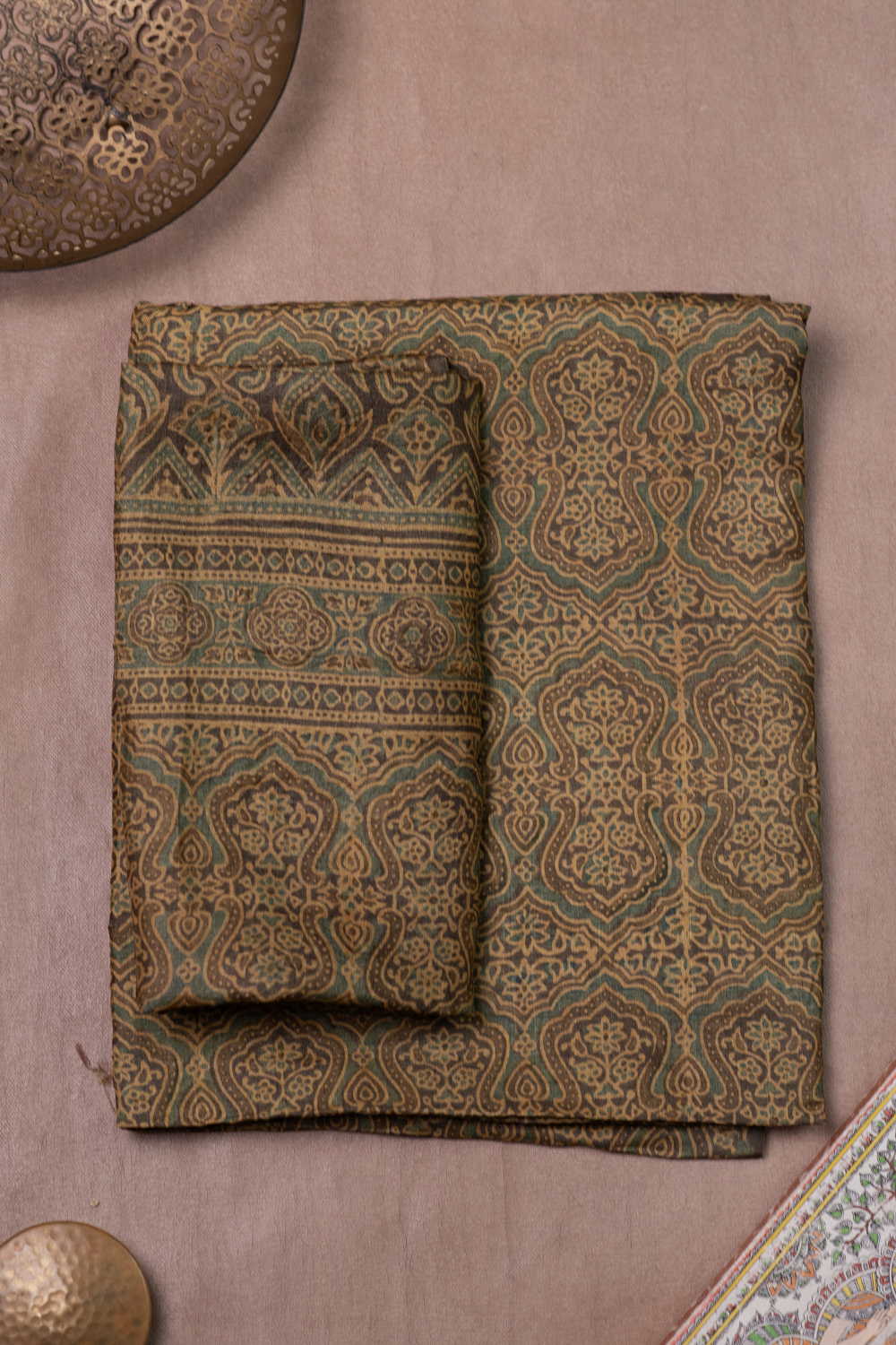Green & Yellow Ajrak Tussar Suit