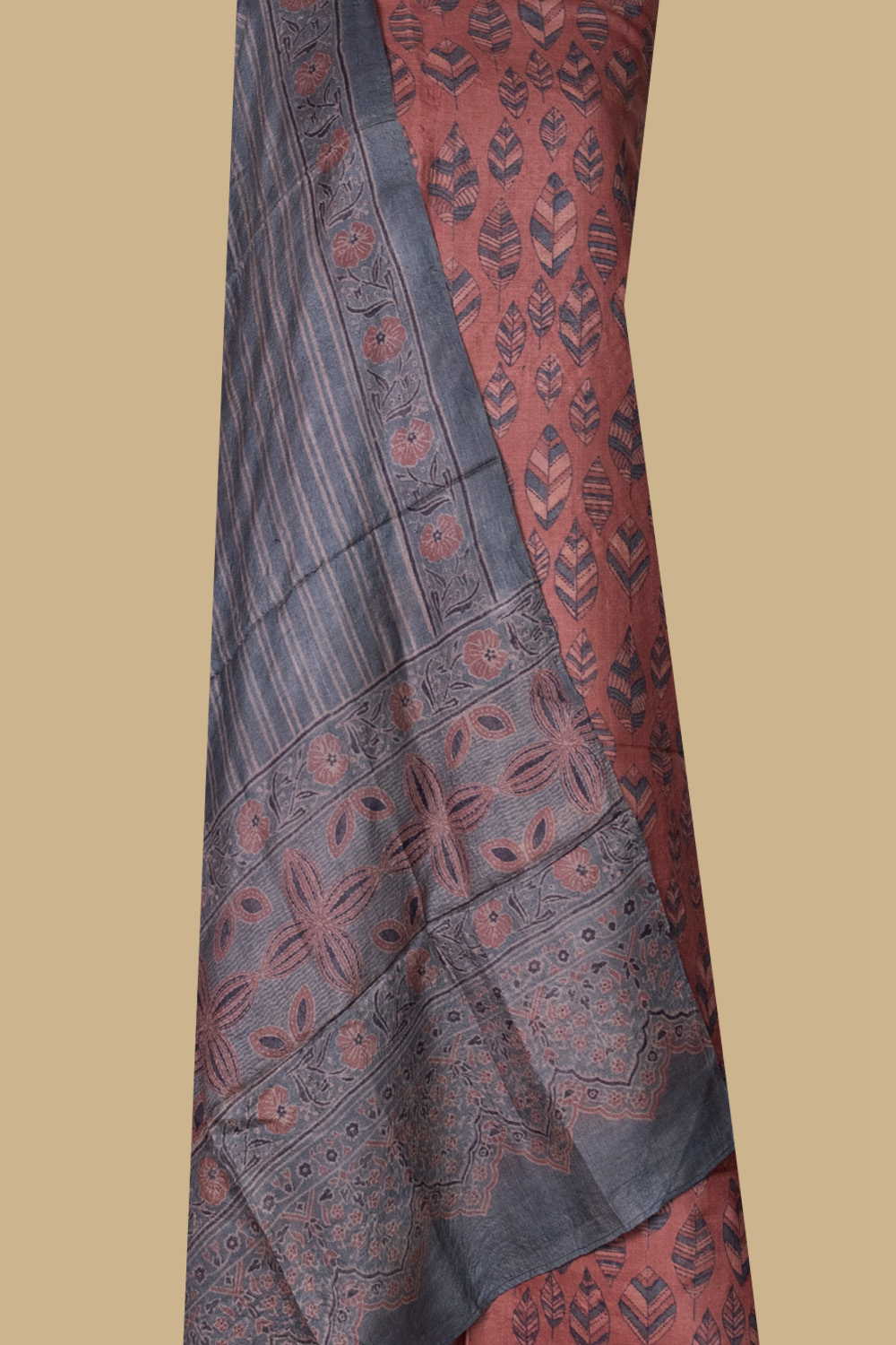 Indigo with Maroon Ajrak Tussar Suit