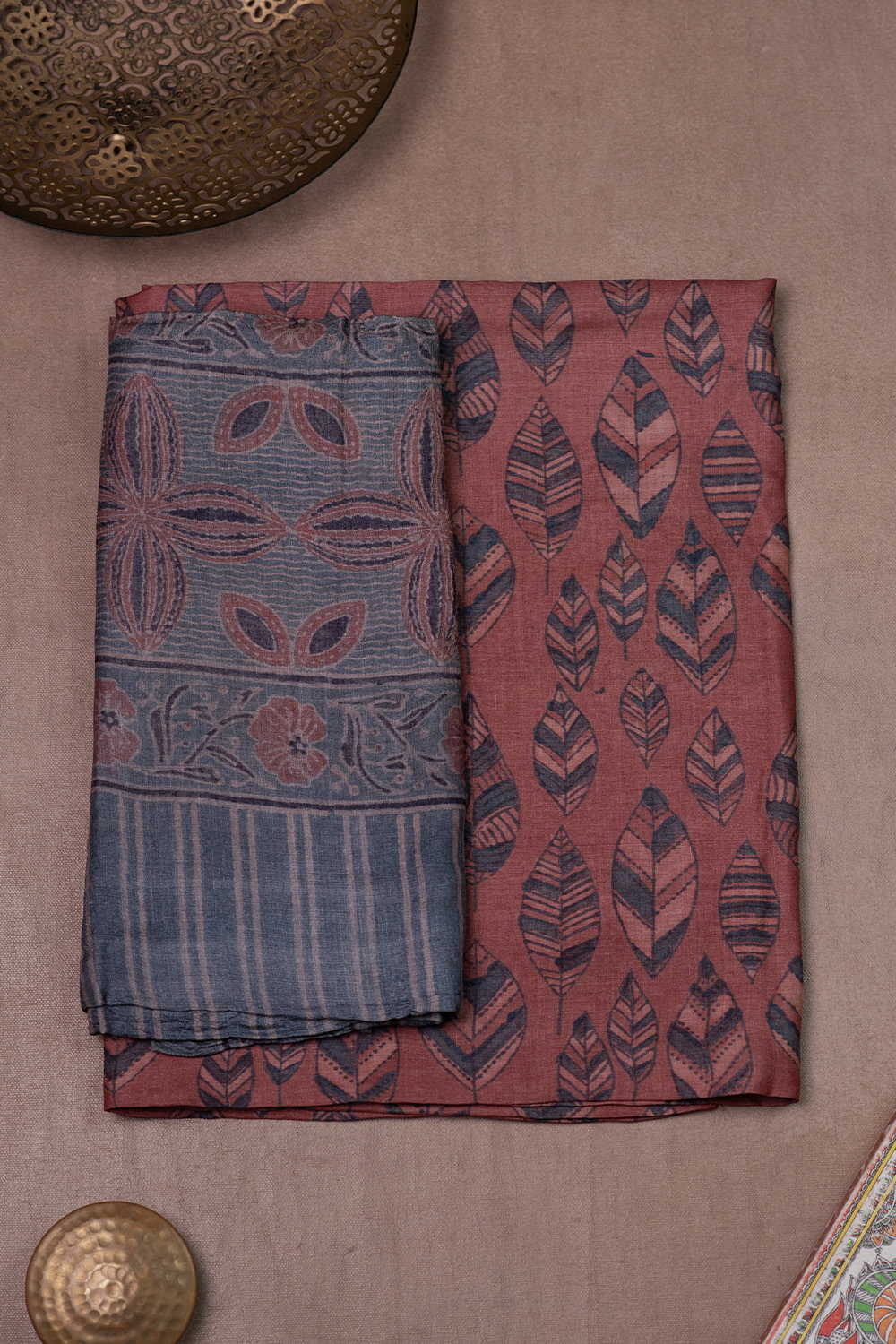 Indigo with Maroon Ajrak Tussar Suit - Image 2