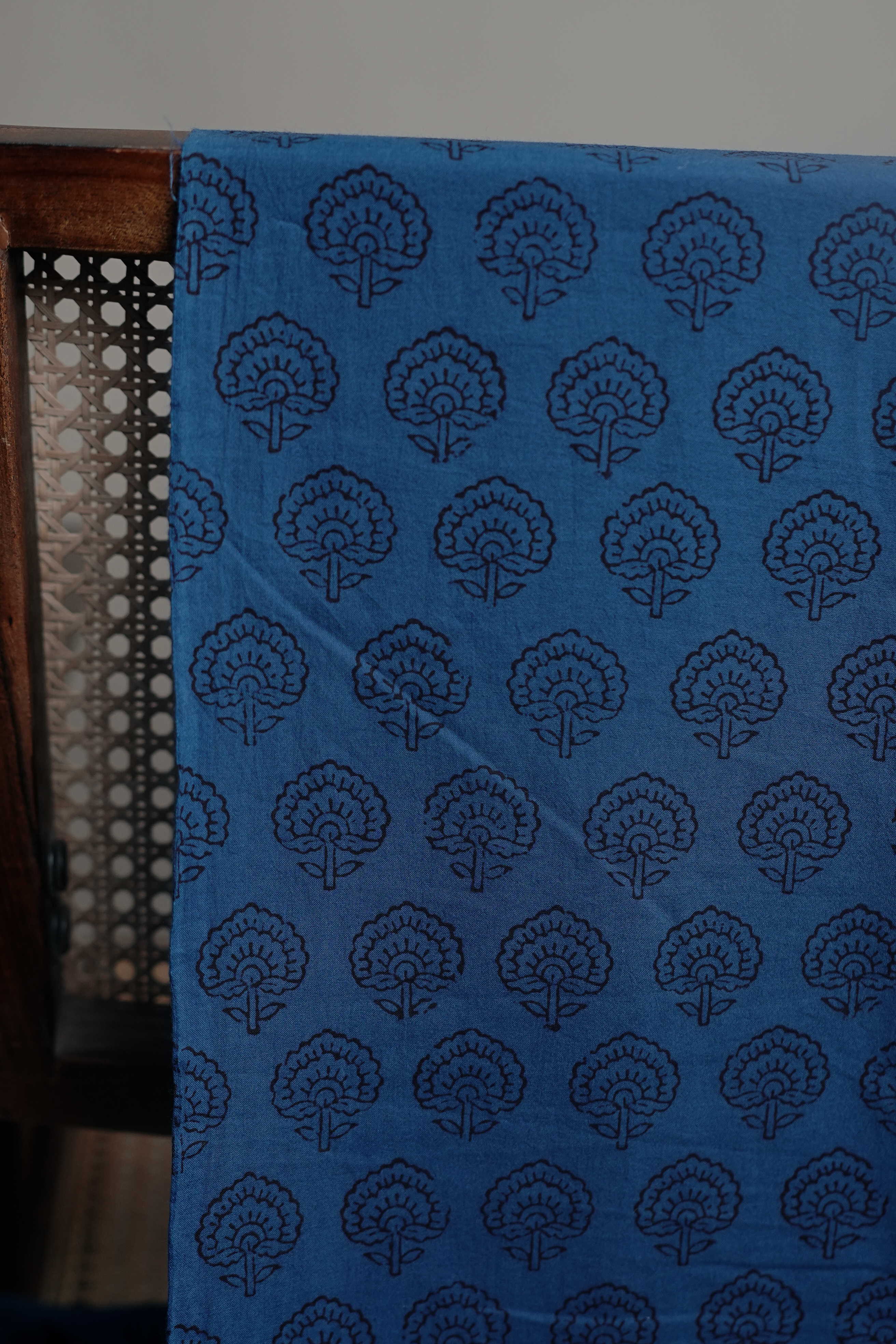 Floral Butta on Blue Bagh Cotton Fabric - Image 3