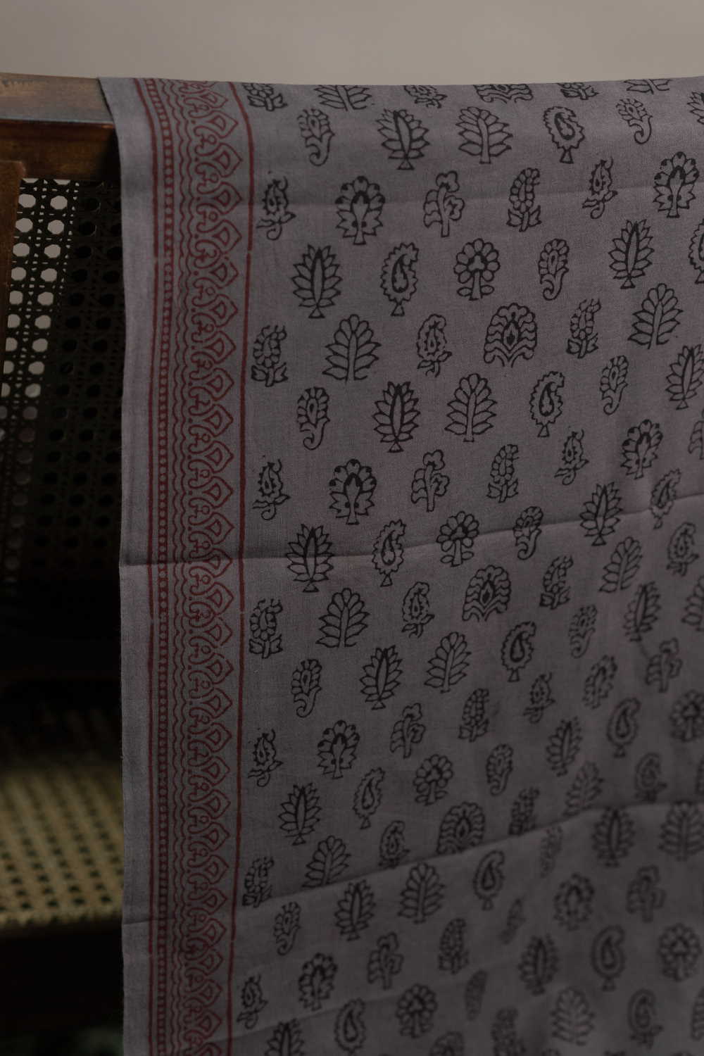 Grey with Motifs Bagh Cotton Fabric