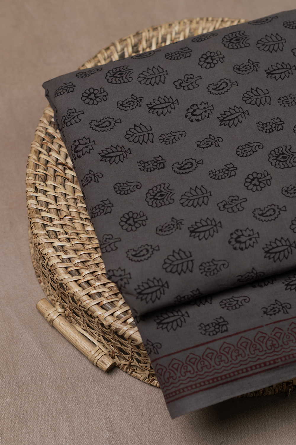 Grey with Motifs Bagh Cotton Fabric - Image 3