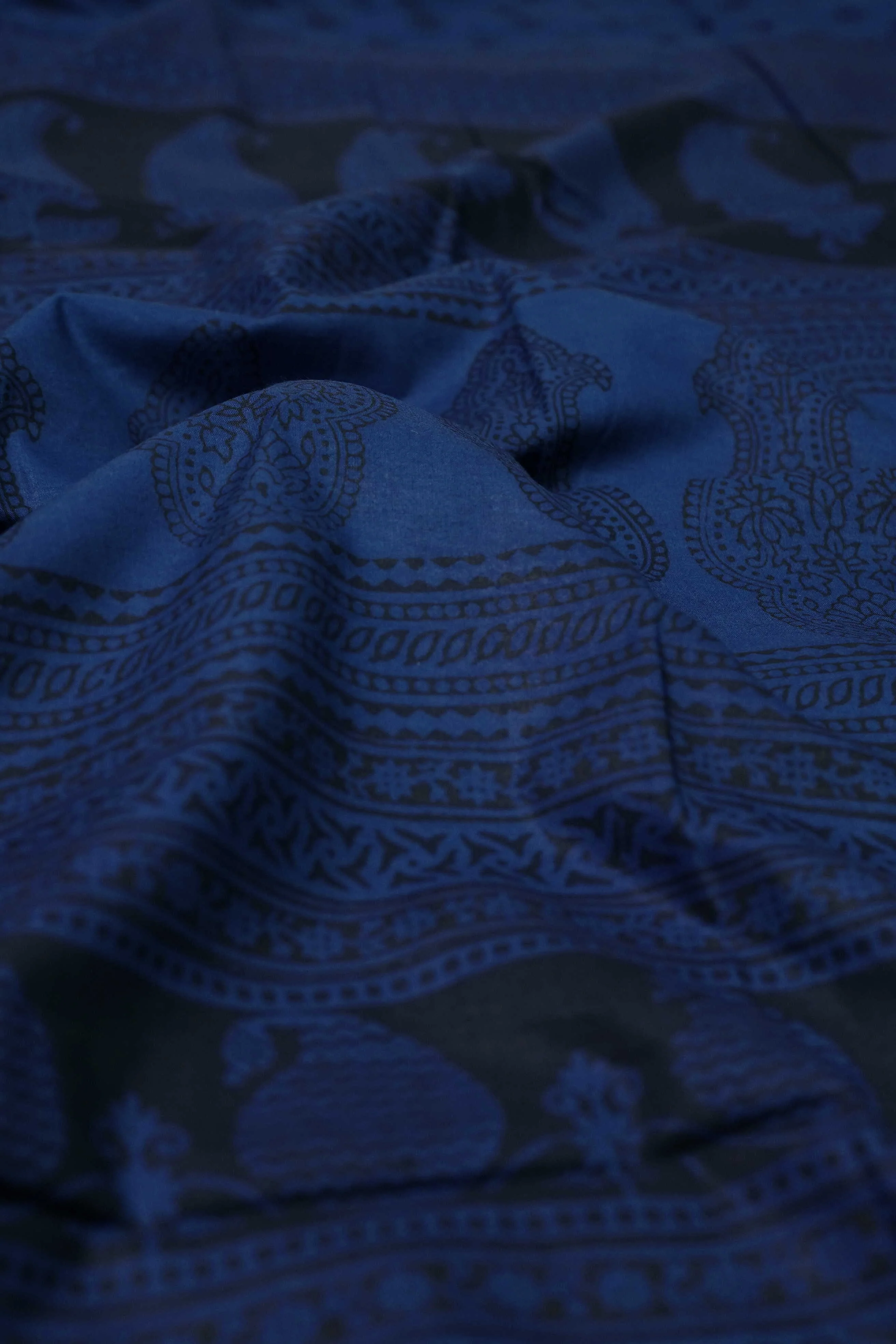 Deep Blue with Black Motifs Bagh Cotton saree - Image 3