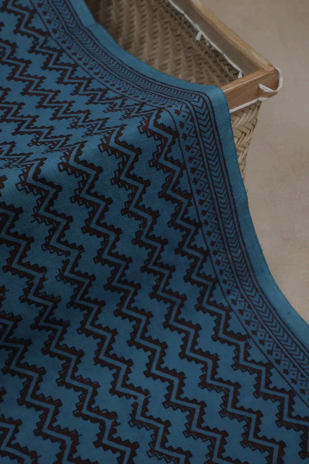 Dark Blue with Chevron Pattern Bagh Print Cotton Fabric - Image 3