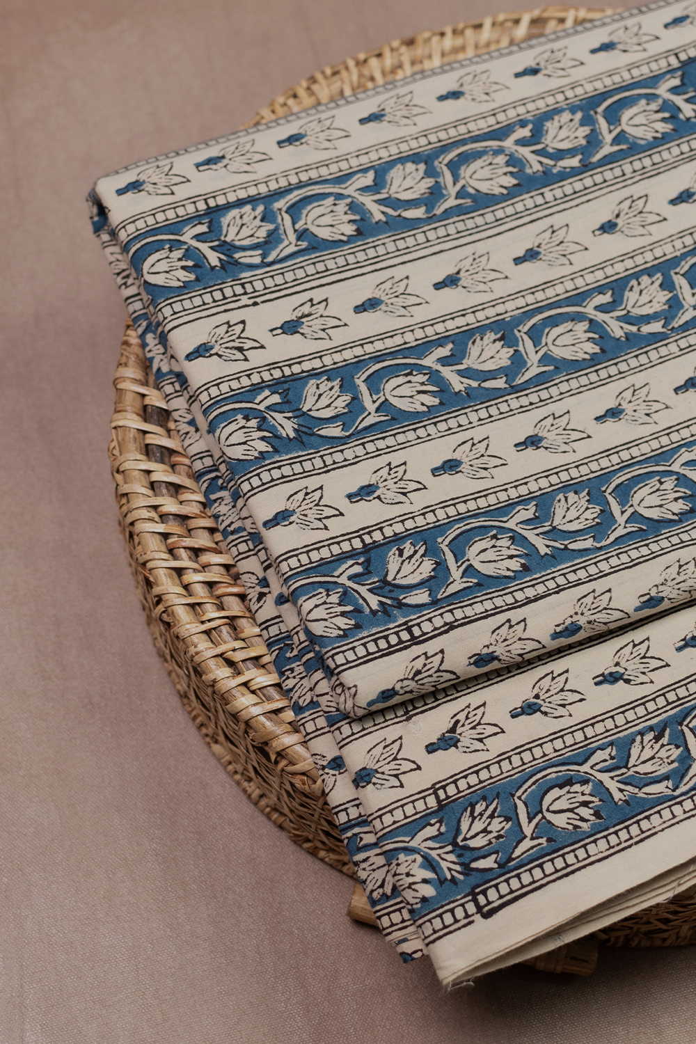 Blue with Cream Floral Design Bagru Cotton Fabric - Image 2