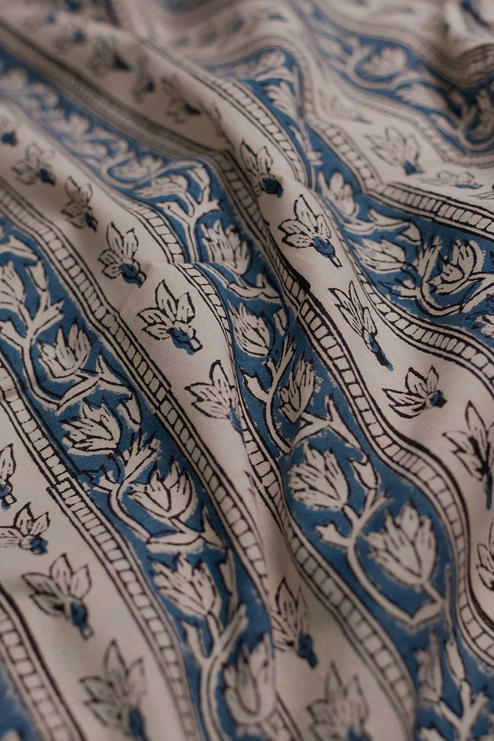 Blue with Cream Floral Design Bagru Cotton Fabric - Image 3