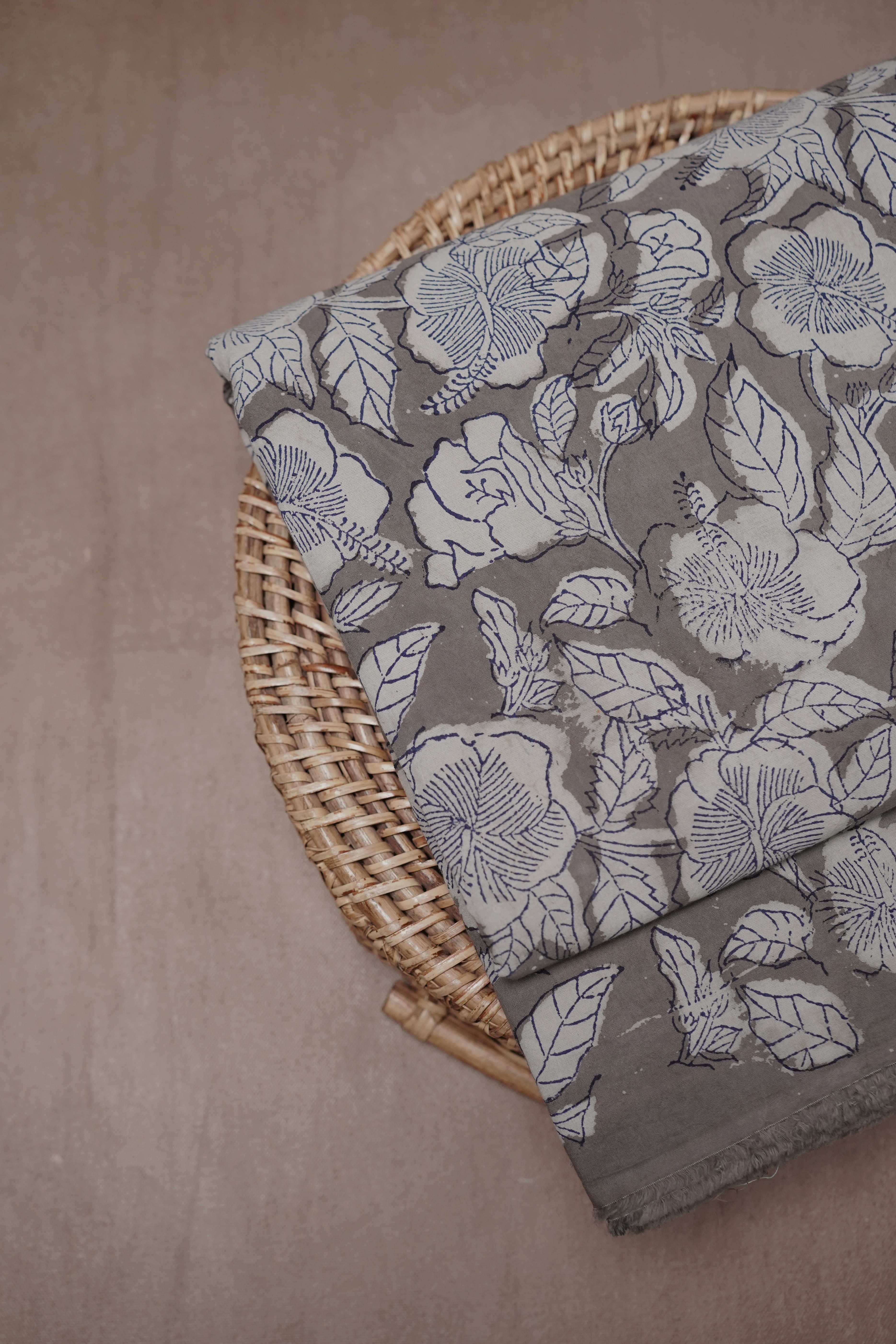 Floral Garden on Grey Dabu Cotton Fabric