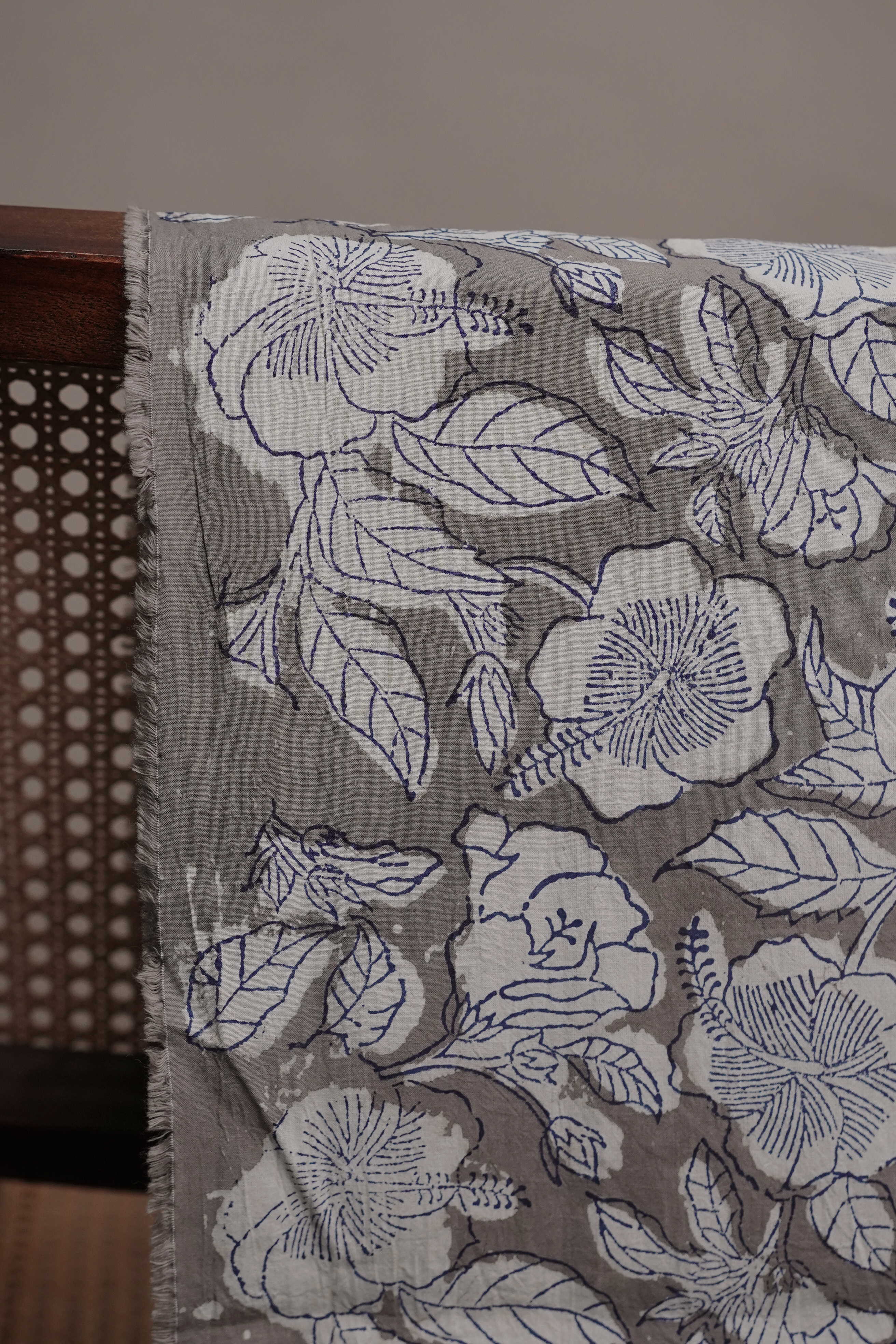 Floral Garden on Grey Dabu Cotton Fabric - Image 3