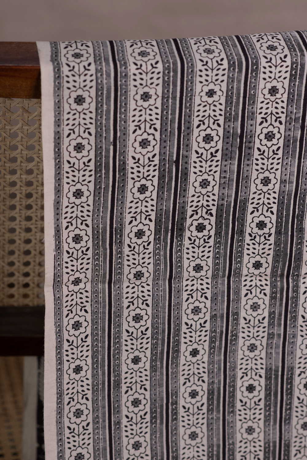 Grey Floral Lines Bagru Cotton Fabric - Image 2