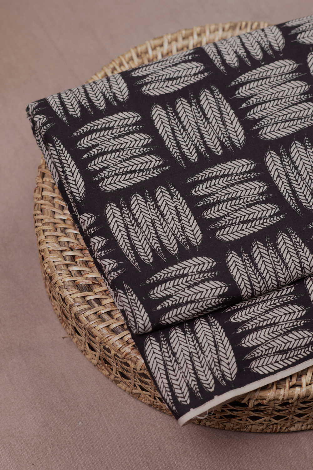 Black - Leafy Pattern Bagru Cotton Fabric - Image 2