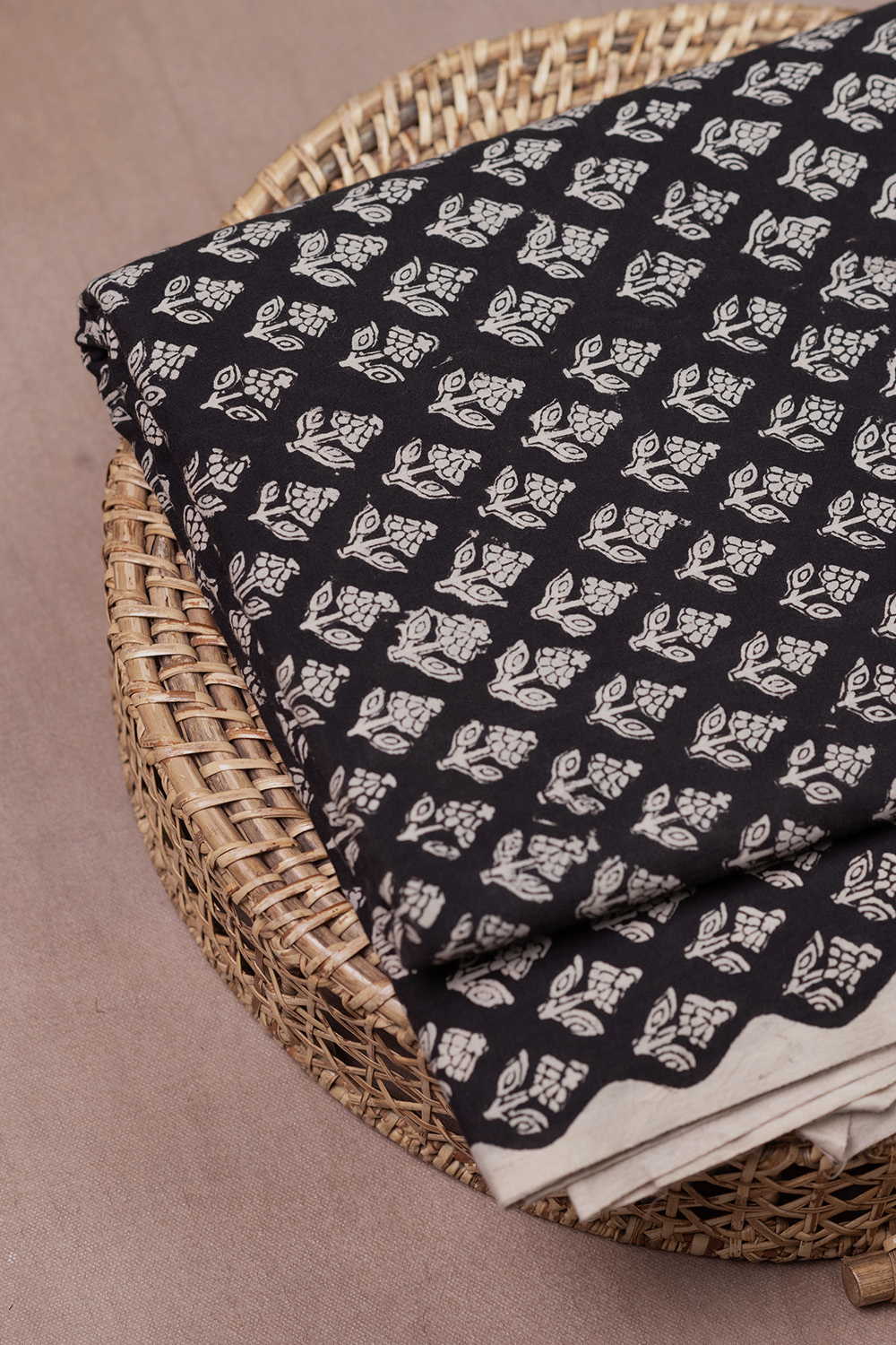 Florets on Black Bagru Cotton Fabric - Image 2