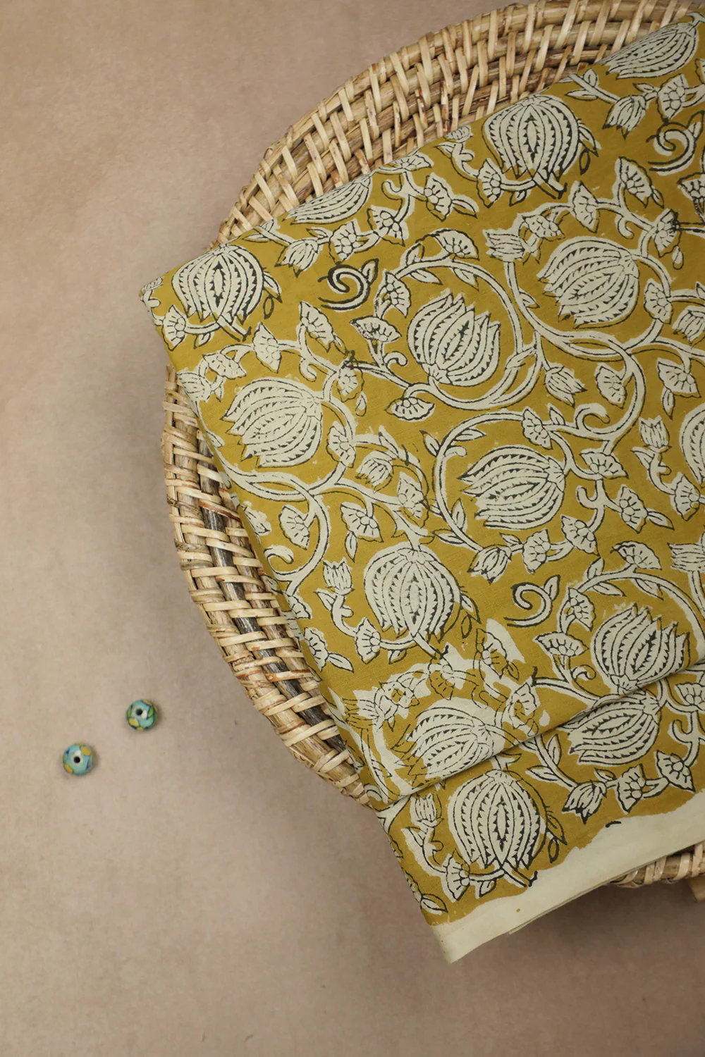 Yellow with Lotus Cluster Floral Bagru Cotton Fabric