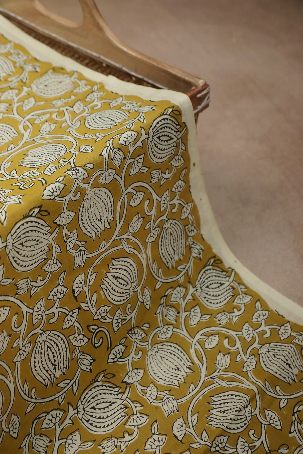 Yellow with Lotus Cluster Floral Bagru Cotton Fabric - Image 2