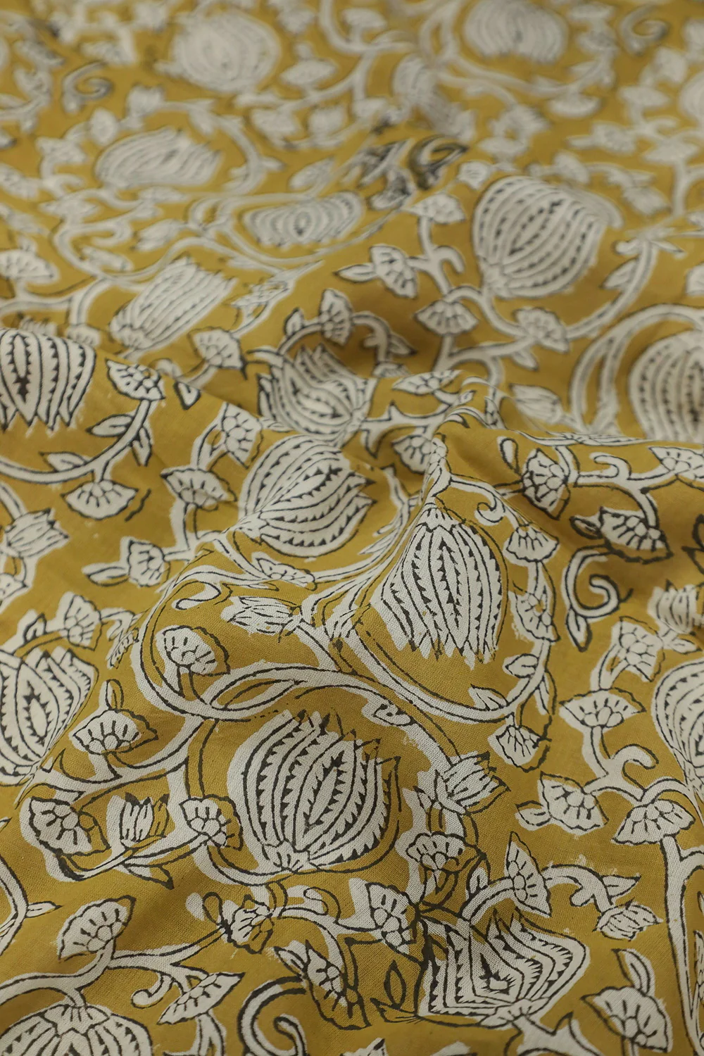 Yellow with Lotus Cluster Floral Bagru Cotton Fabric - Image 3
