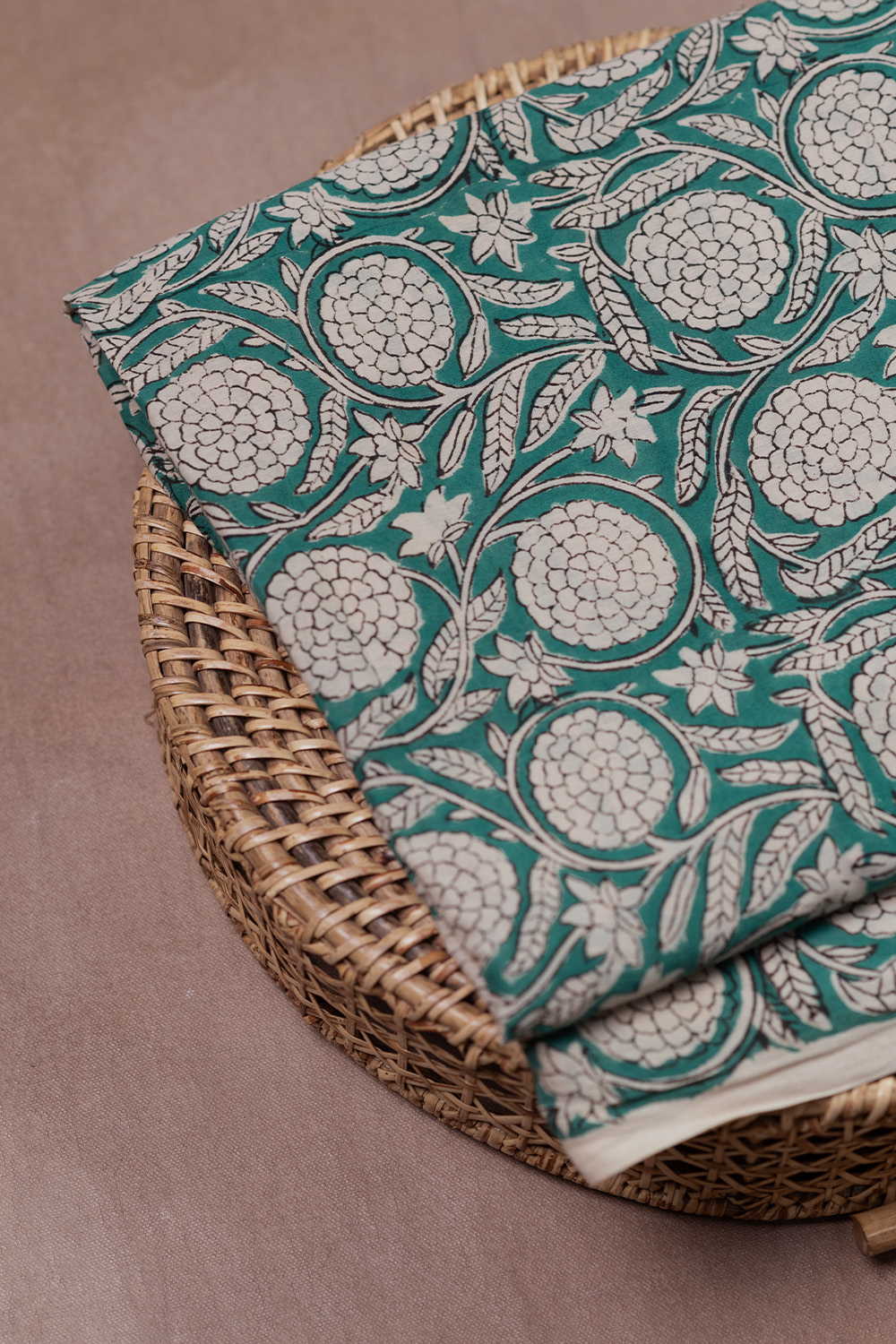 Cluster Floral on Green Bagru Cotton Fabric - Image 2