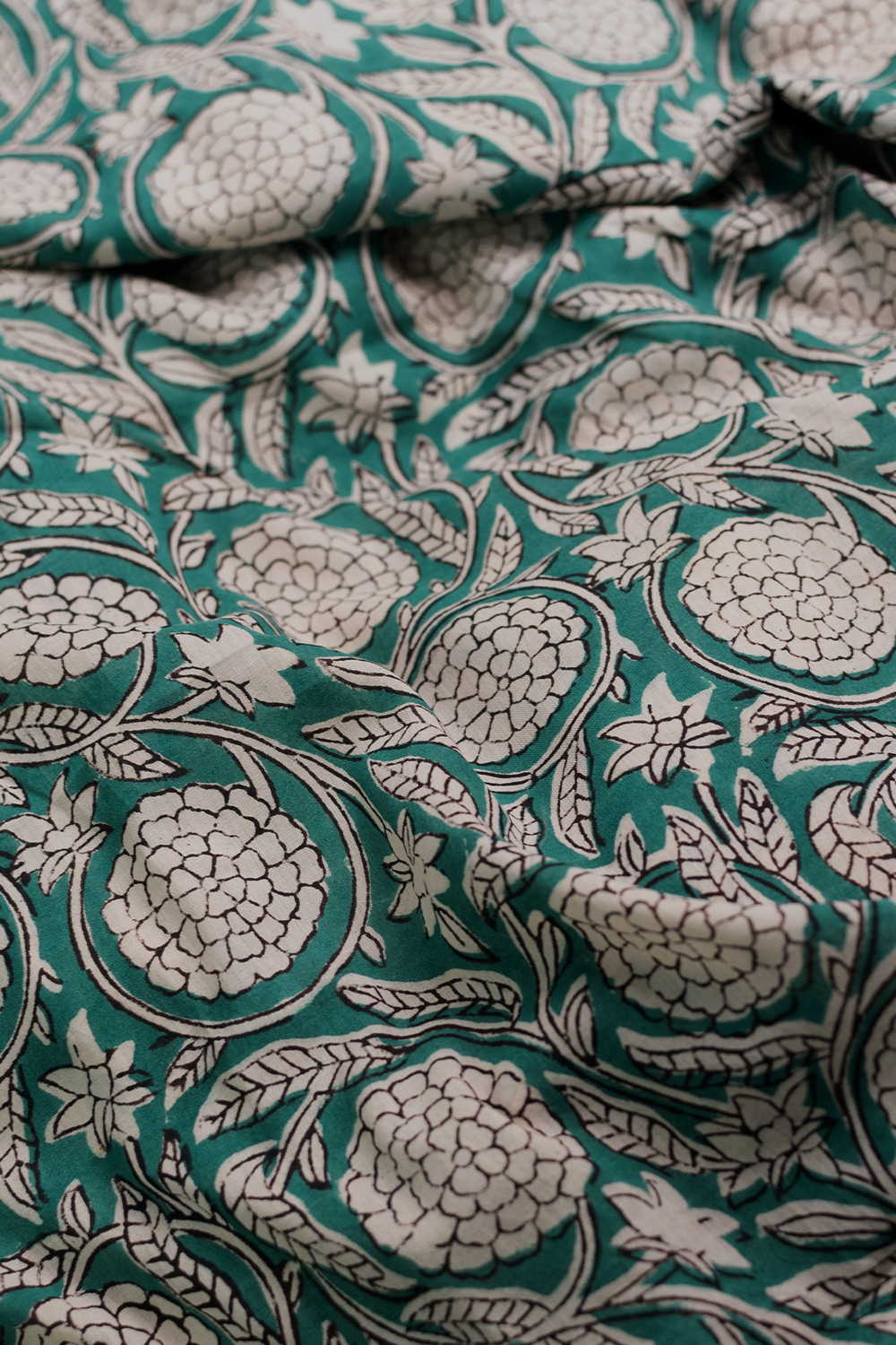 Cluster Floral on Green Bagru Cotton Fabric - Image 3