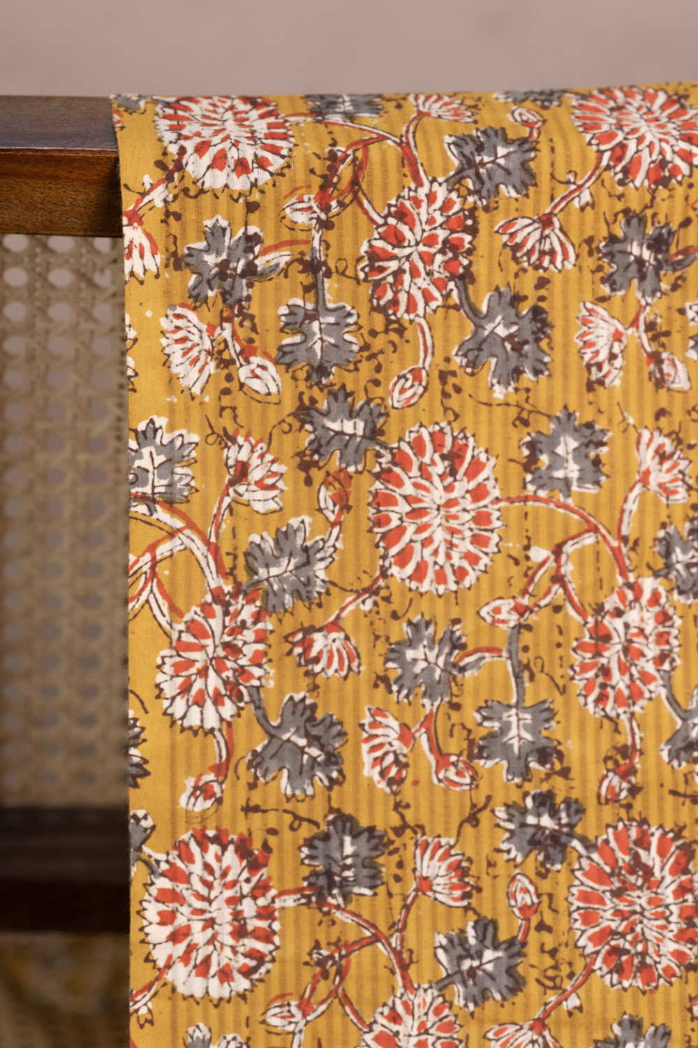 Floral Pattern on Yellow Bagru Cotton Fabric - Image 2