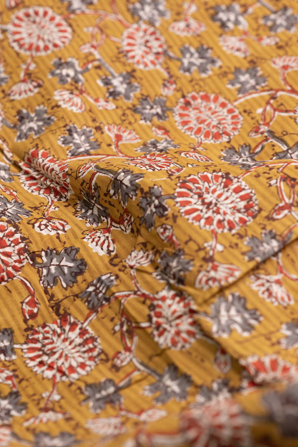 Floral Pattern on Yellow Bagru Cotton Fabric - Image 3