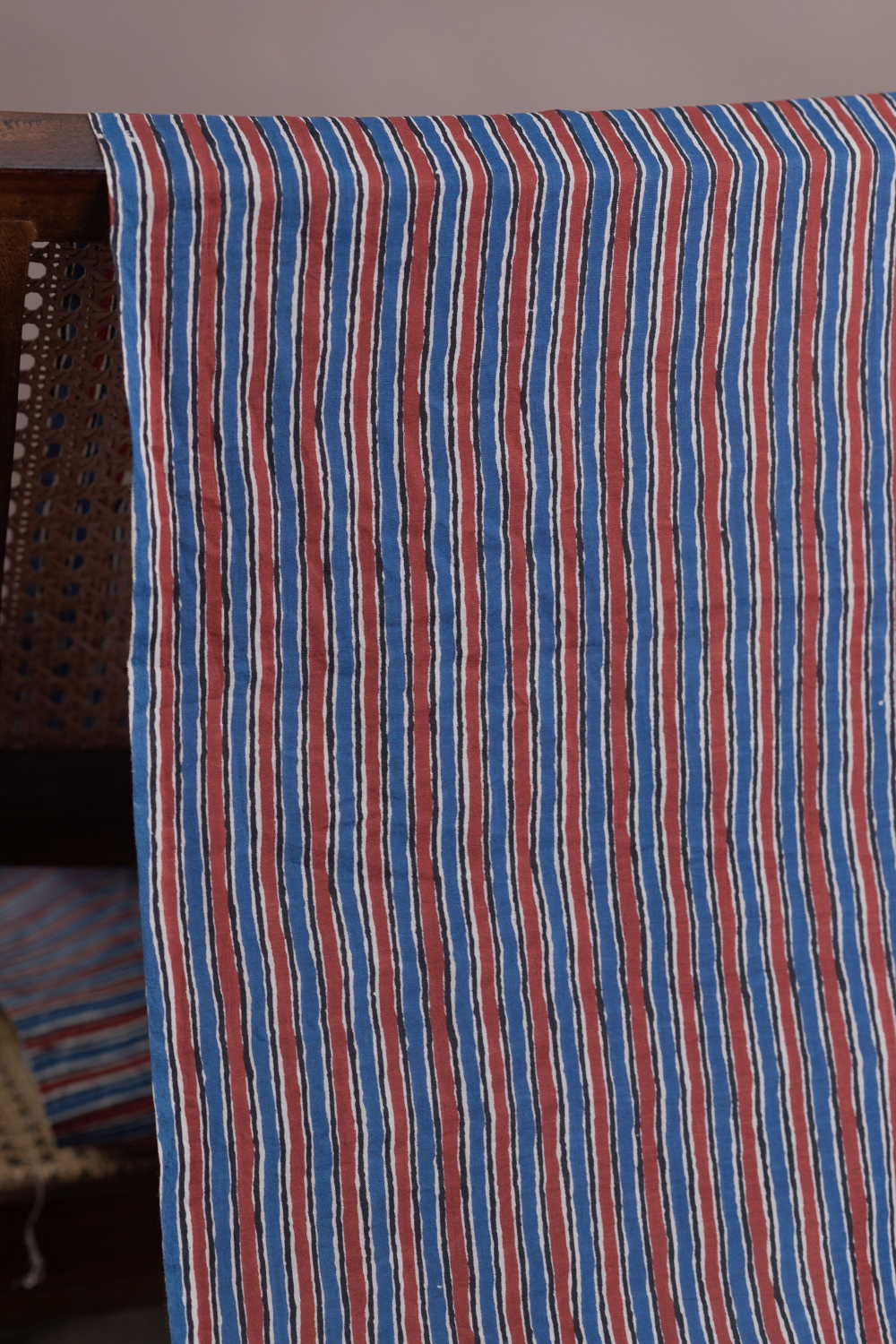 Blue & Maroon Stripe Bagru Cotton Fabric