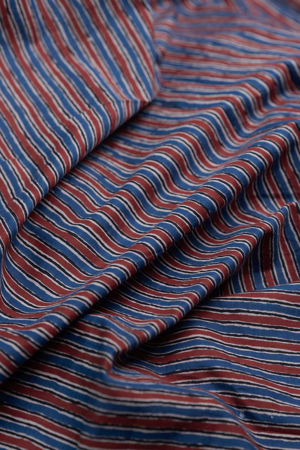 Blue & Maroon Stripe Bagru Cotton Fabric - Image 2