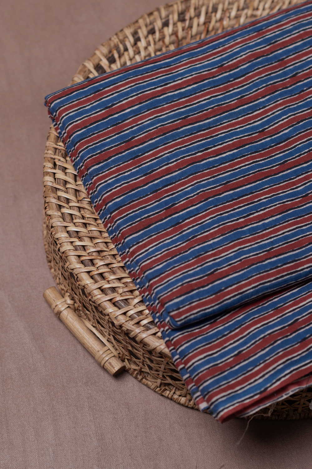 Blue & Maroon Stripe Bagru Cotton Fabric - Image 3