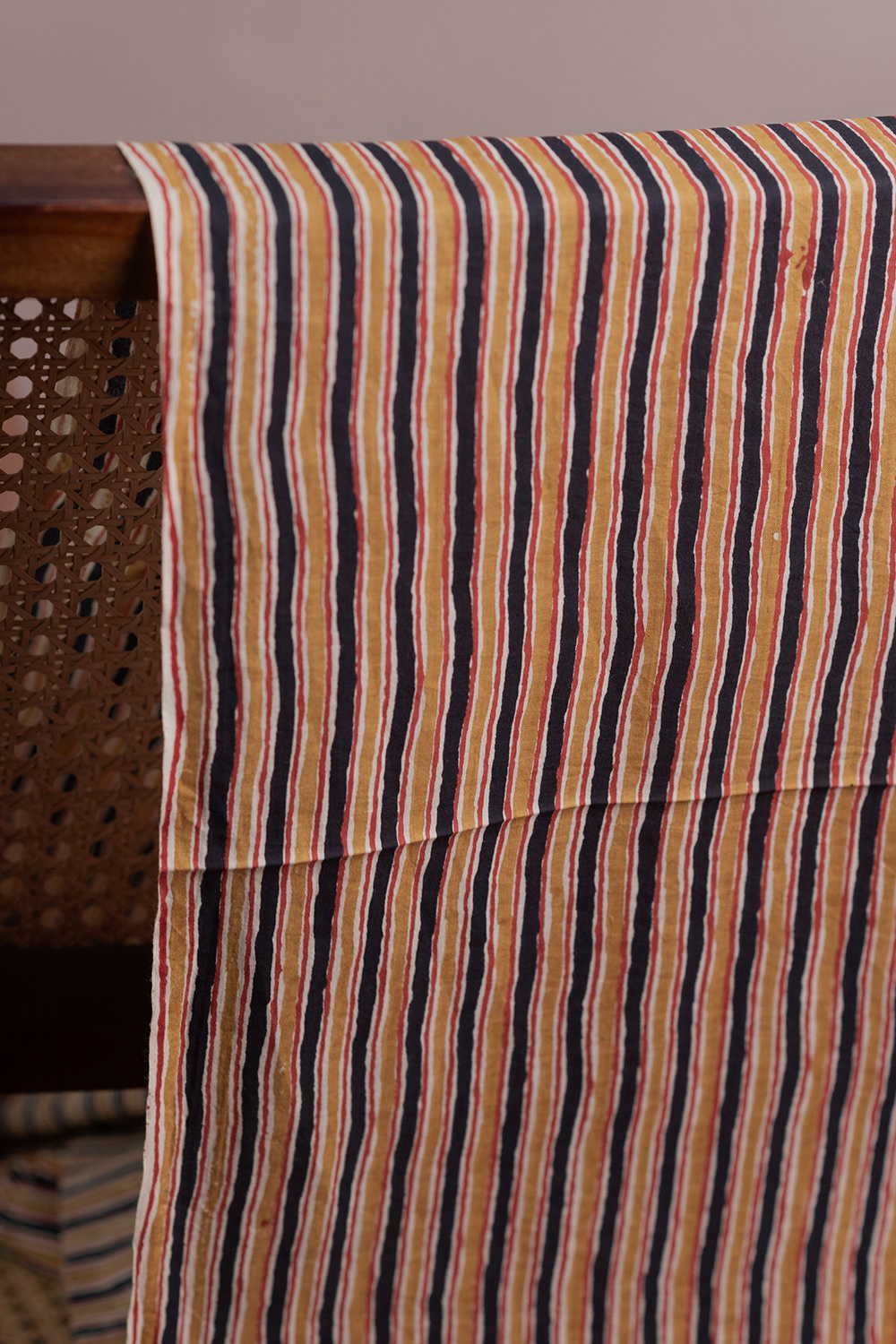 Yellow & Black Stripe Bagru Cotton Fabric - Image 3