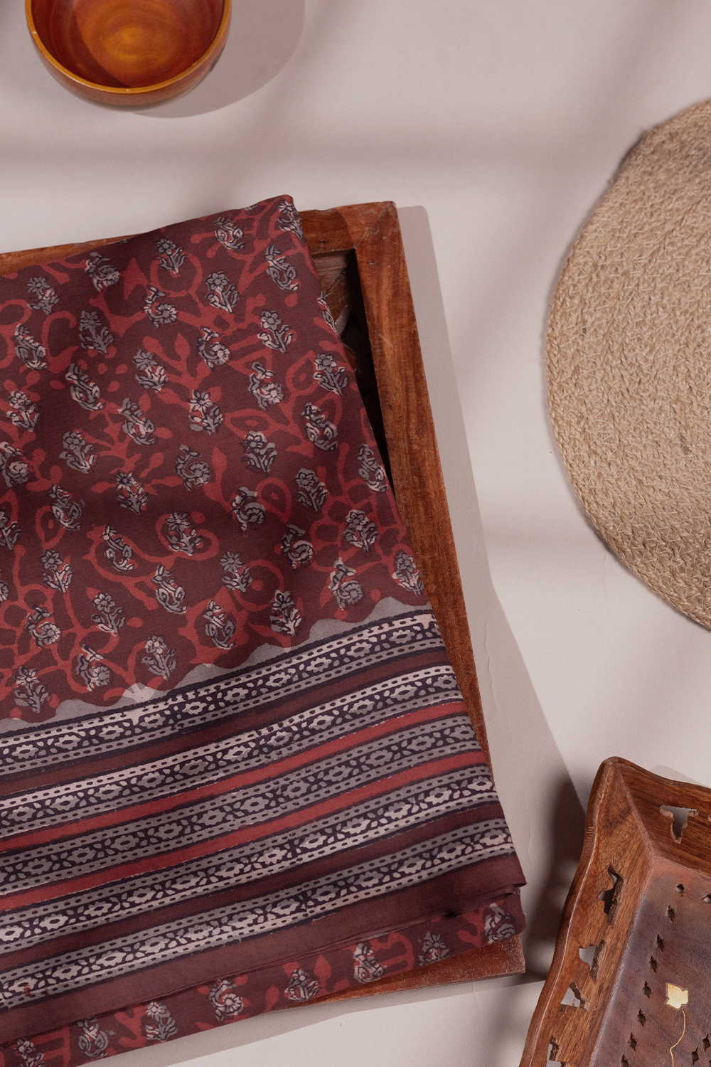 Rust Maroon Bagru Dabu Print Mul Cotton saree