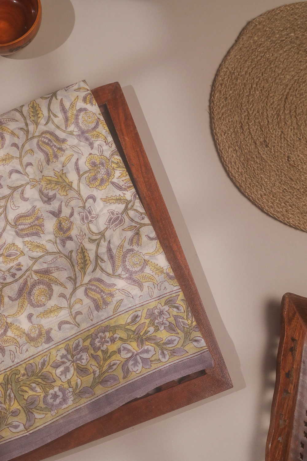 Leafy Floral - Cream Bagru Mul Cotton saree