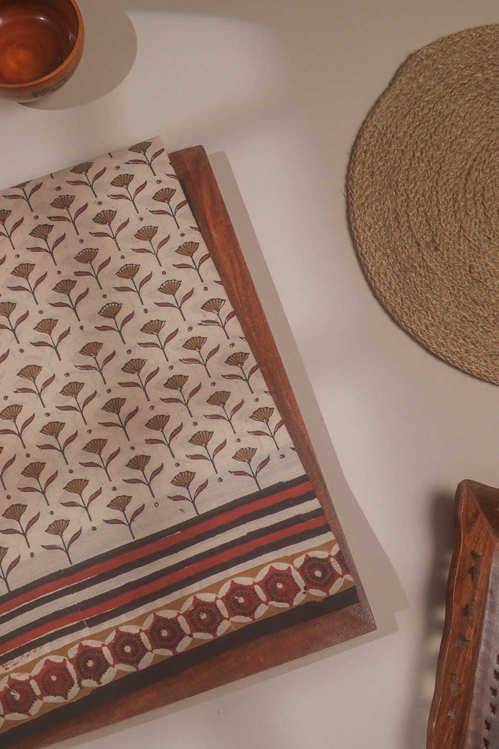 Beige - Flower Motifs Bagru Mul Cotton saree
