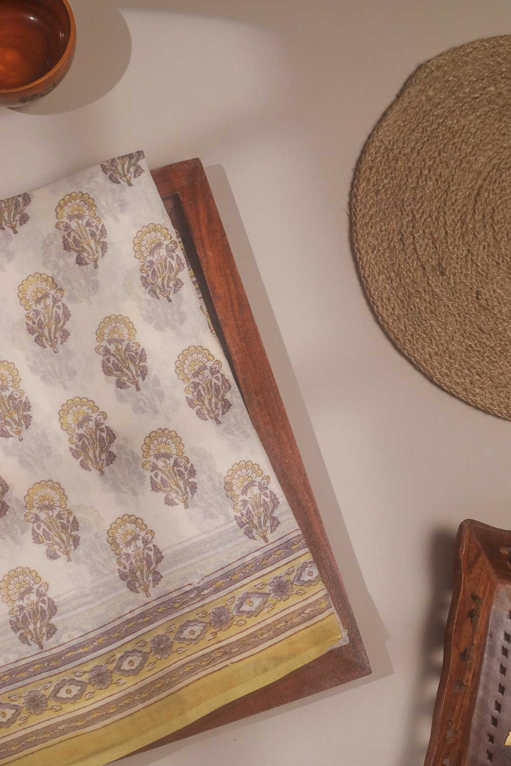 Motifs on Cream Bagru Mul Cotton saree