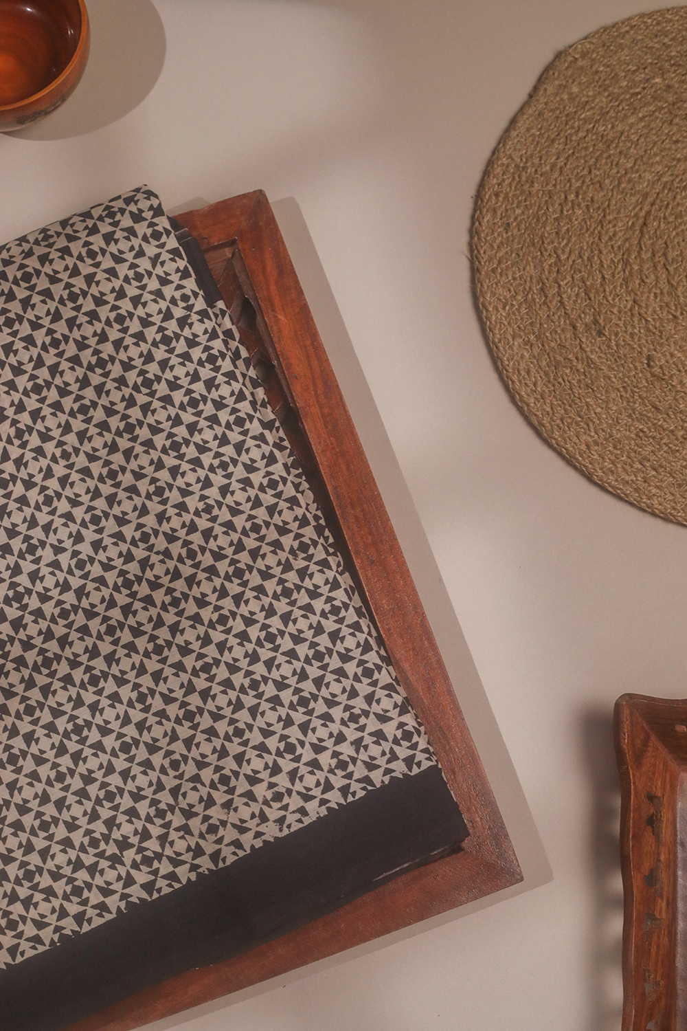 Geometric Pattern - Cream Bagru Mul Cotton saree
