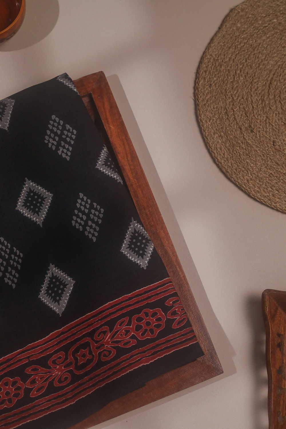 Diamond Motifs - Black Bagru Mul Cotton saree
