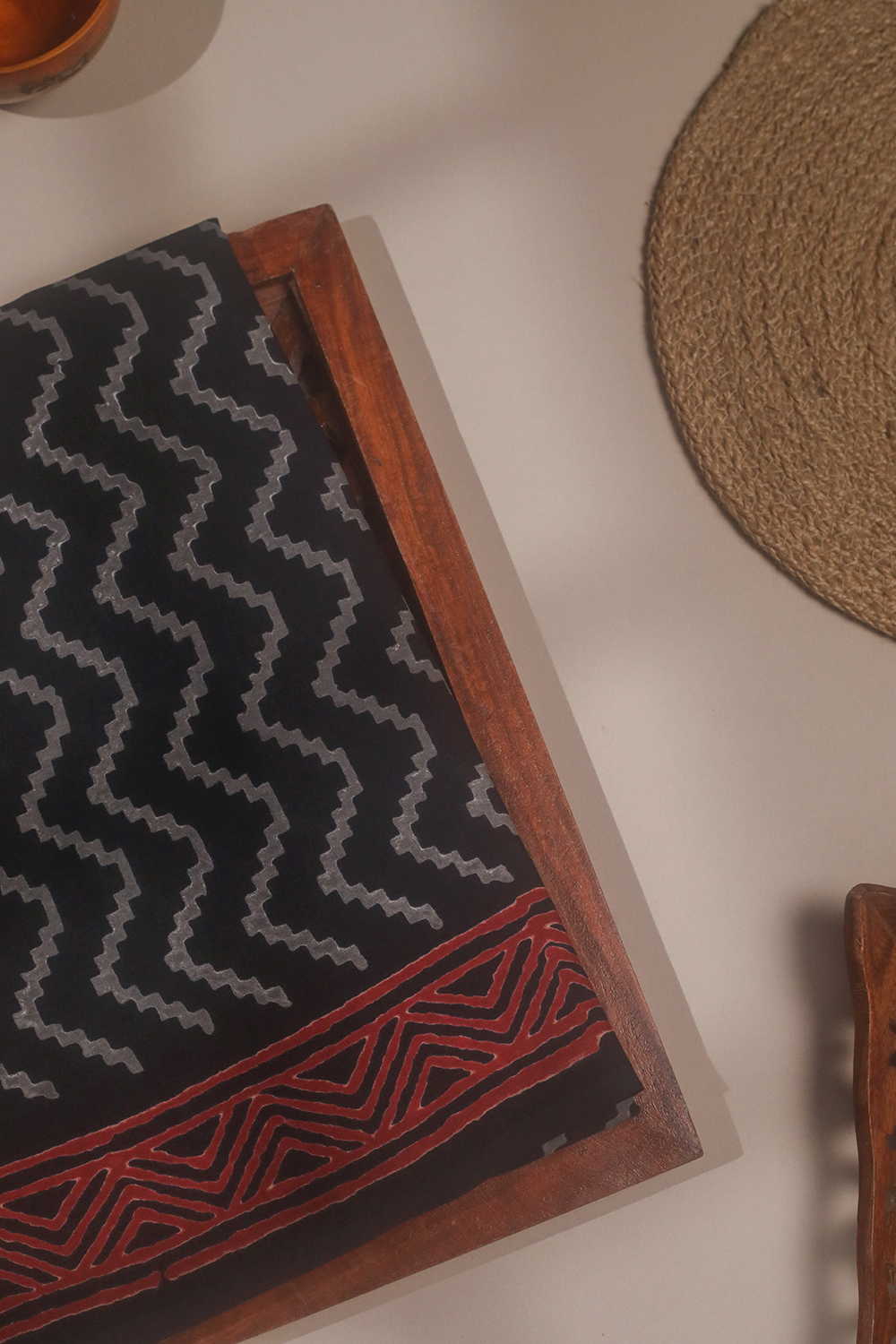 Grey Chevron on Black Bagru Mul Cotton saree
