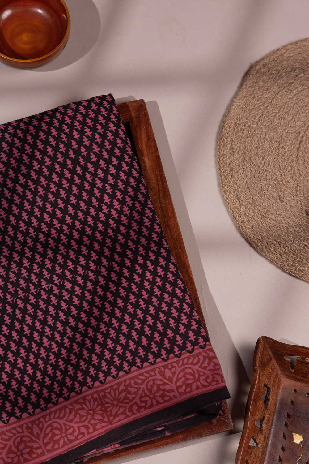 Pink Motifs Bagru Mul Cotton saree