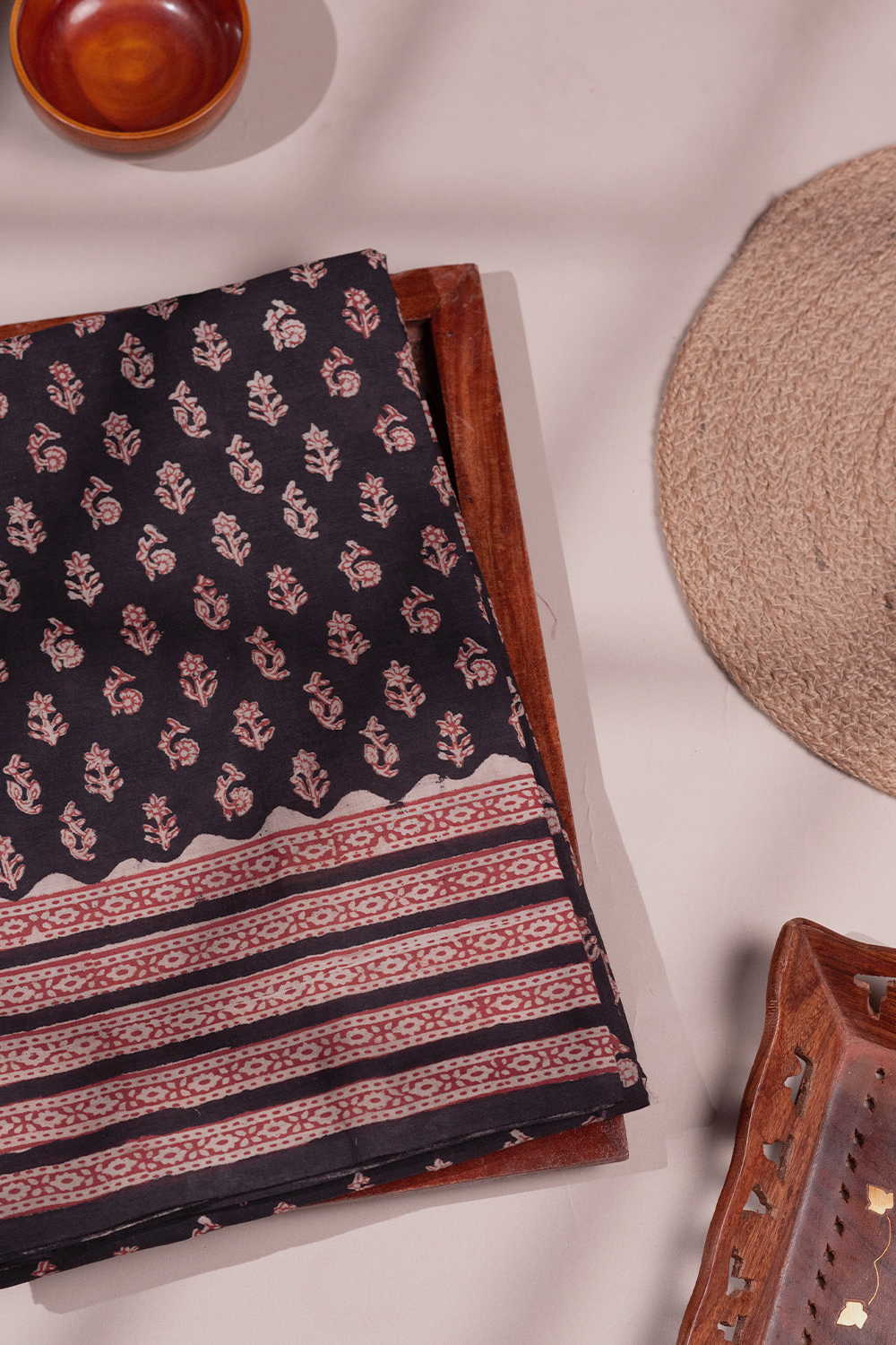 Black Bagru Mul Cotton saree