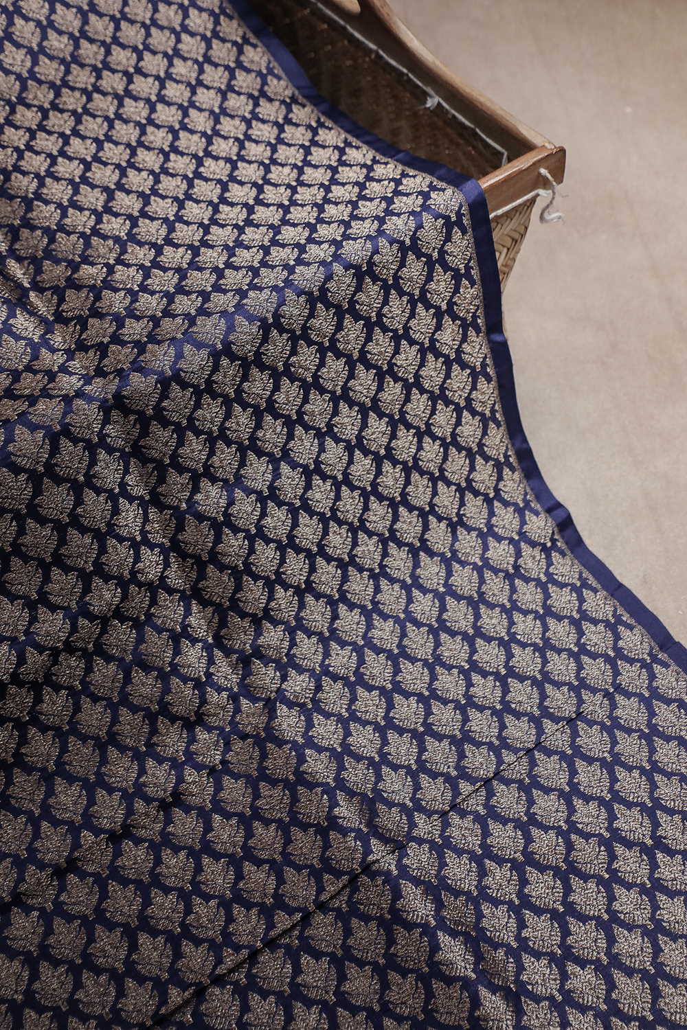 Zari Floral on Blue Banarasi Silk Fabric - Image 4