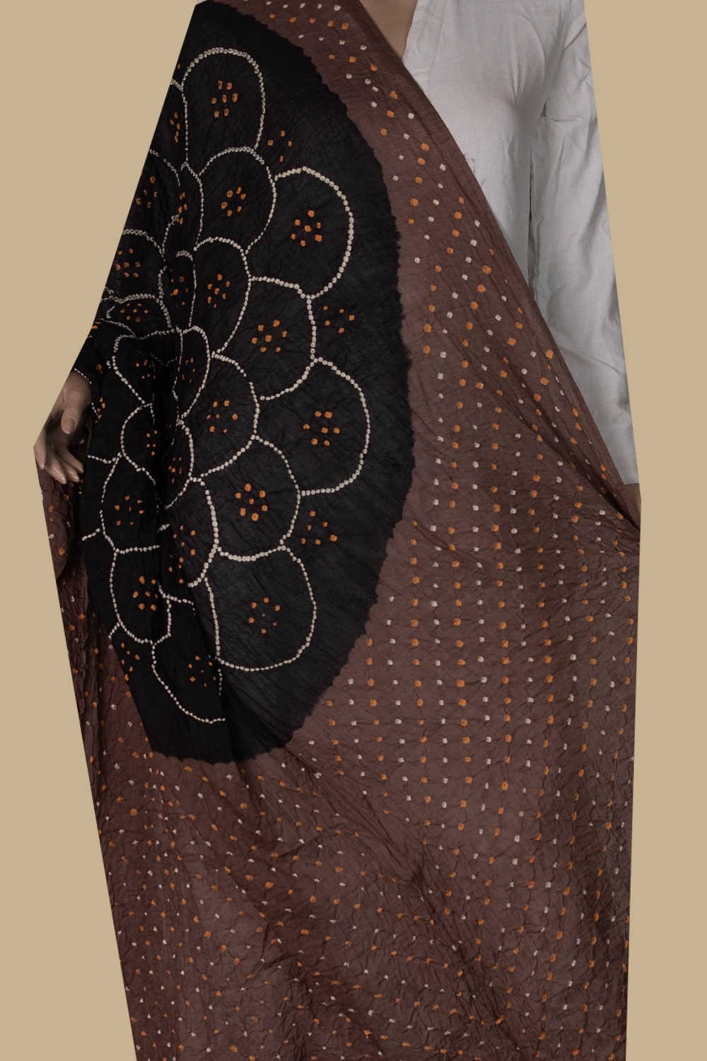 Light Brown with Black Bandhani Cotton Dupatta