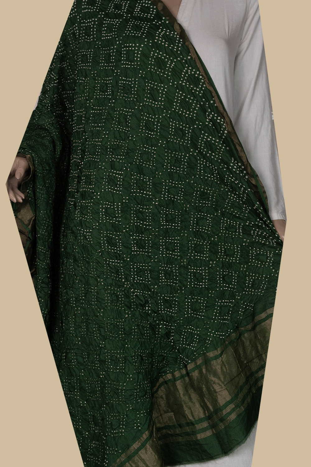 Green with Zari Border Bandhani Mulberry Silk Dupatta