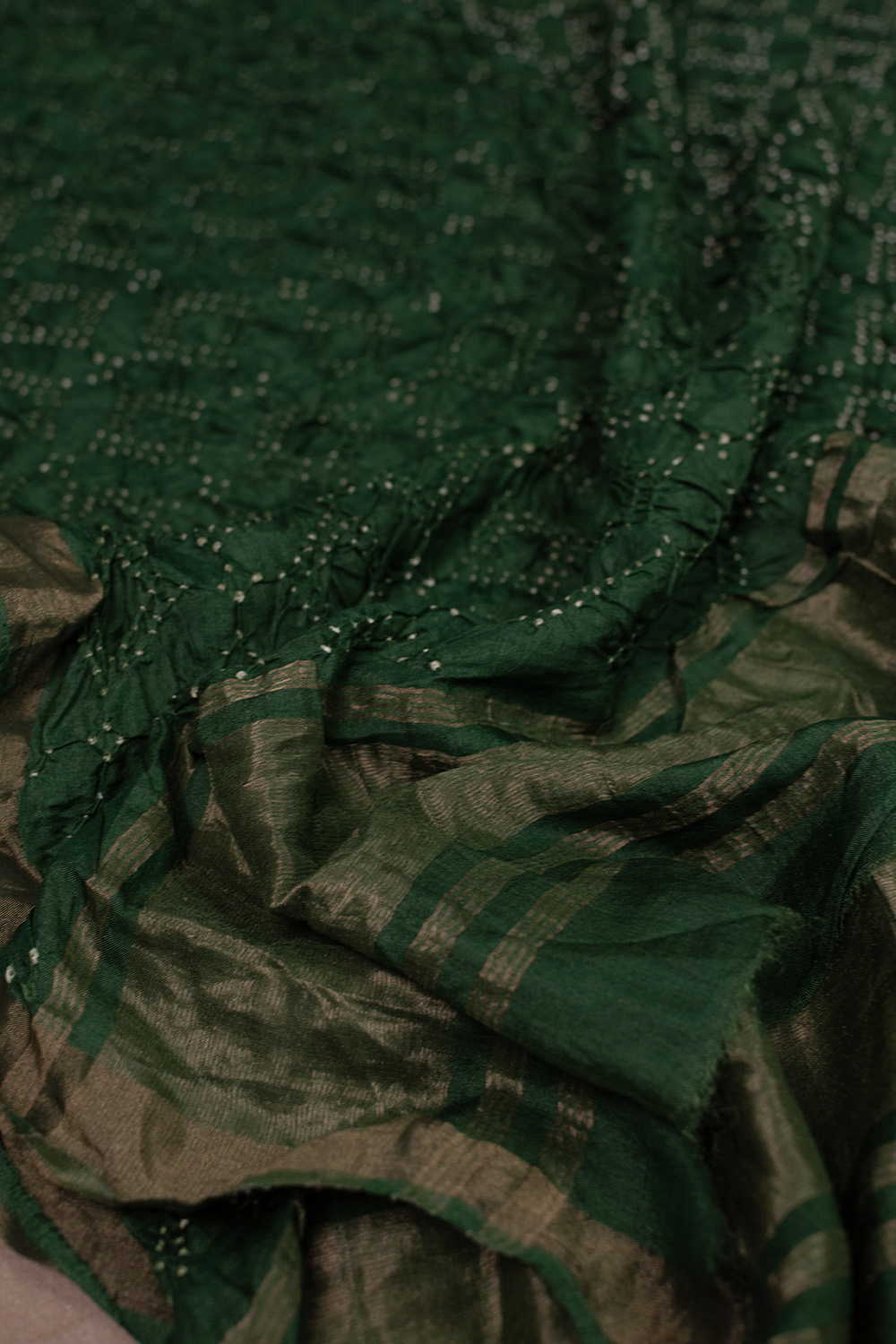 Green with Zari Border Bandhani Mulberry Silk Dupatta - Image 2